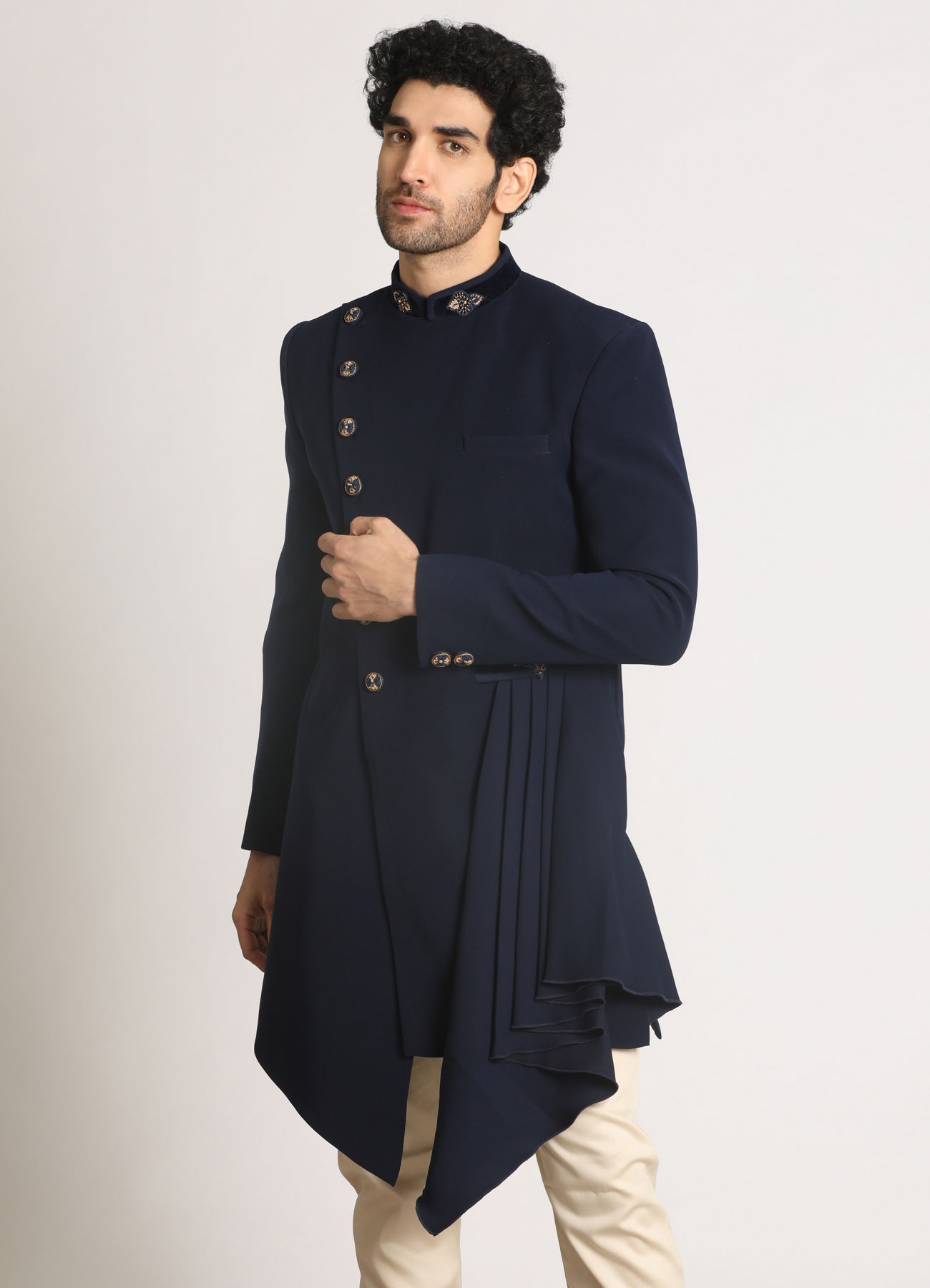 Manyavar Men Navy Blue Draped Indo Western