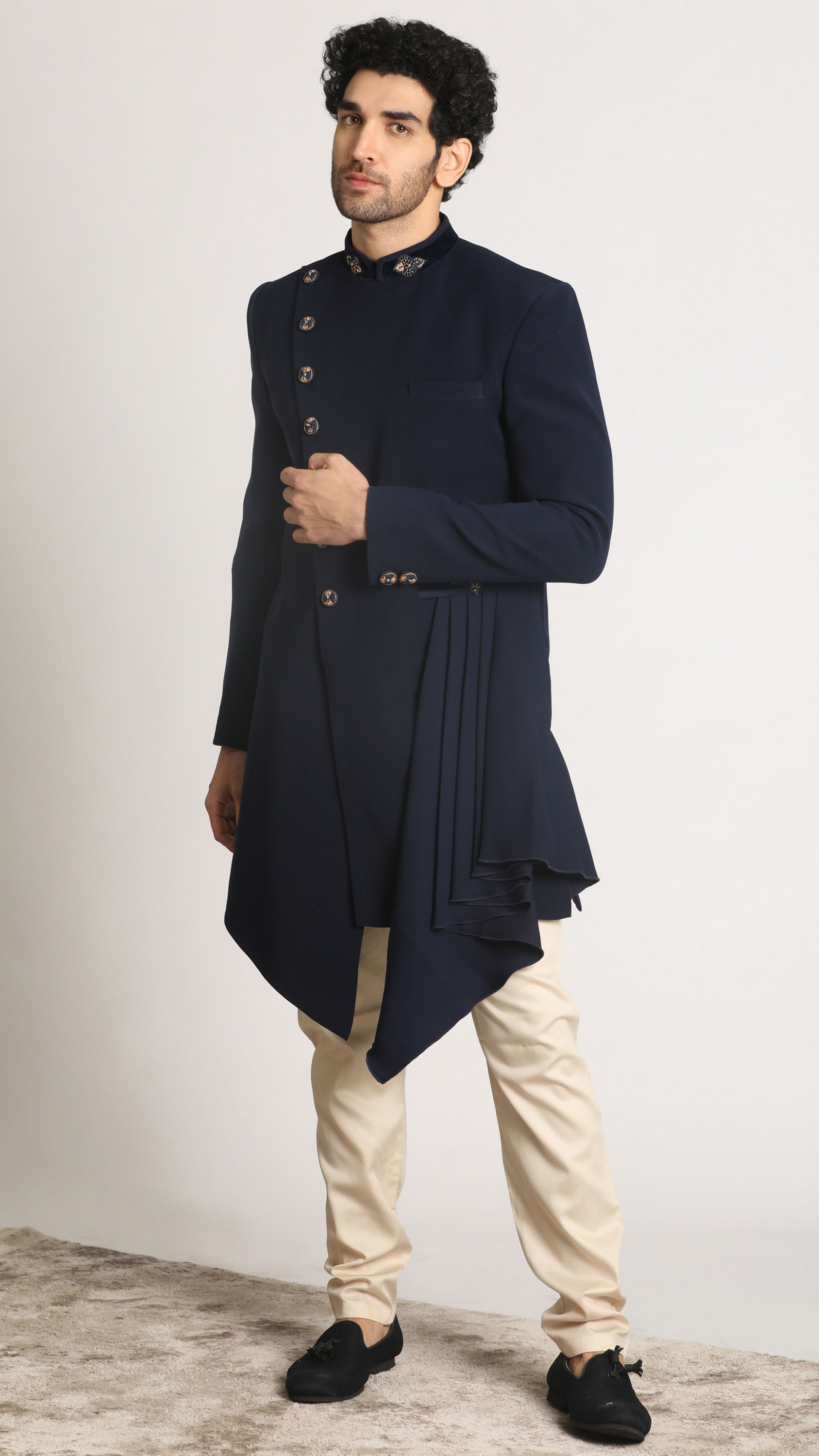 Manyavar Men Navy Blue Draped Indo Western