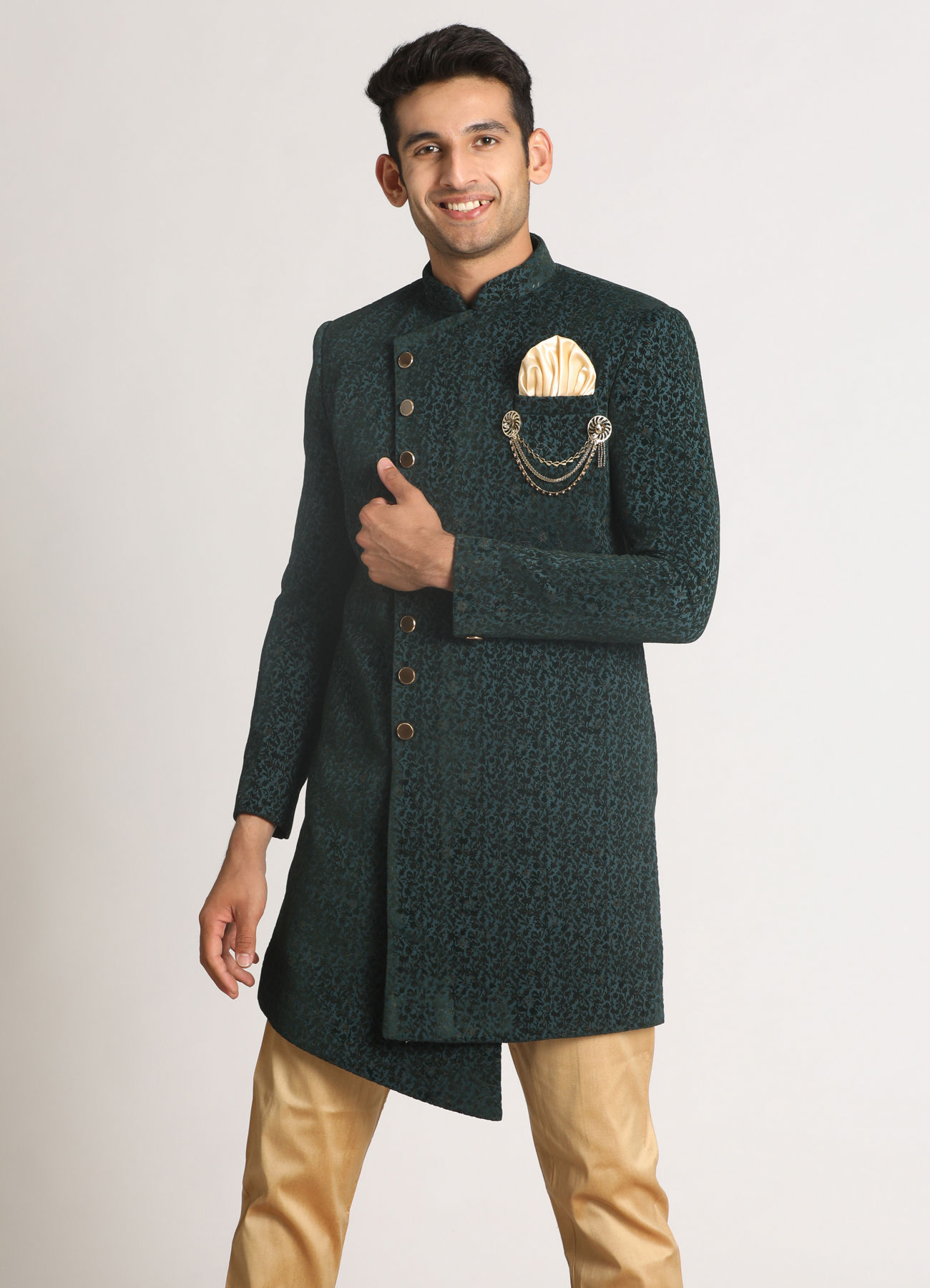 Manyavar Men Emerald Green Achkan Indo Western