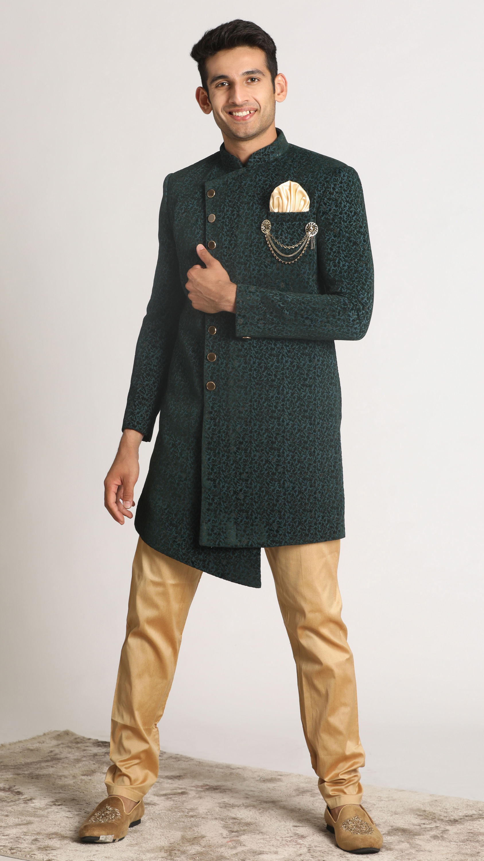 Manyavar Men Emerald Green Achkan Indo Western