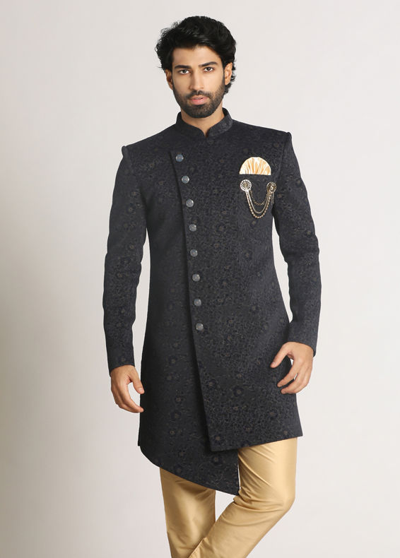 Manyavar Men Dark Blue Achkan Indo Western