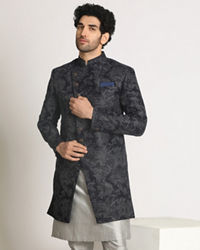 Manyavar Men Dark Blue Indo Western With Grey Pattern