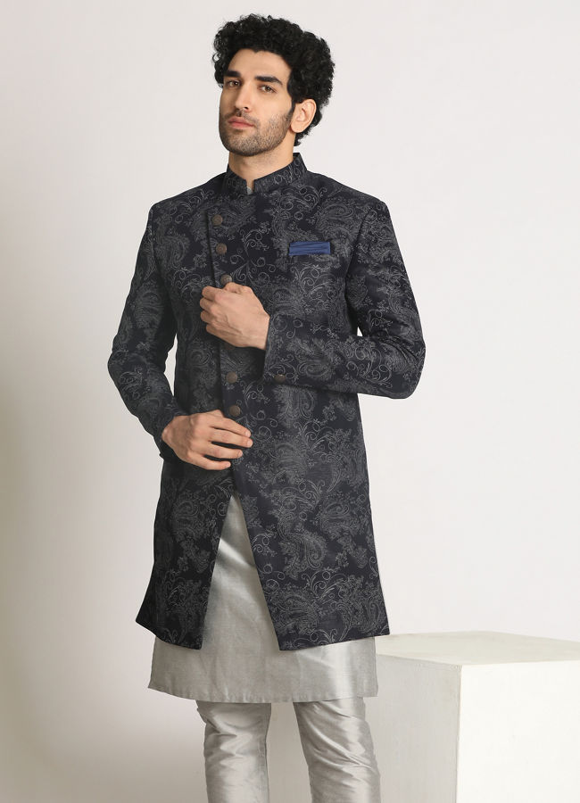 alt message - Manyavar Men Dark Blue Indo Western With Grey Pattern image number 1