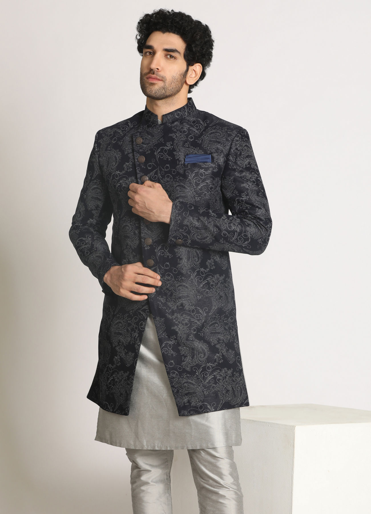 Manyavar Men Dark Blue Indo Western With Grey Pattern