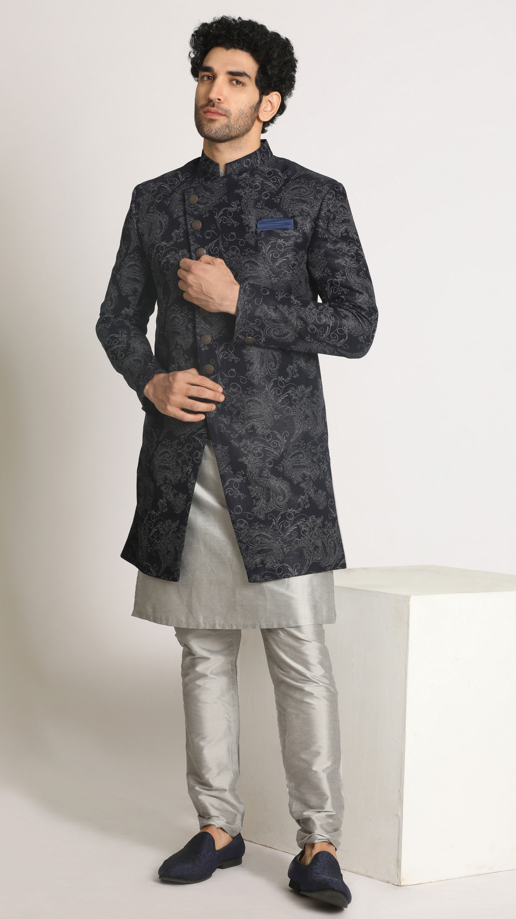 Manyavar Men Dark Blue Indo Western With Grey Pattern