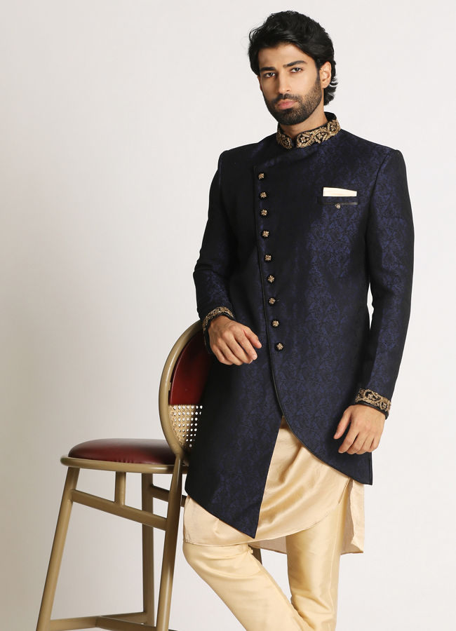 alt message - Manyavar Men Royal Blue Indo Western image number 1