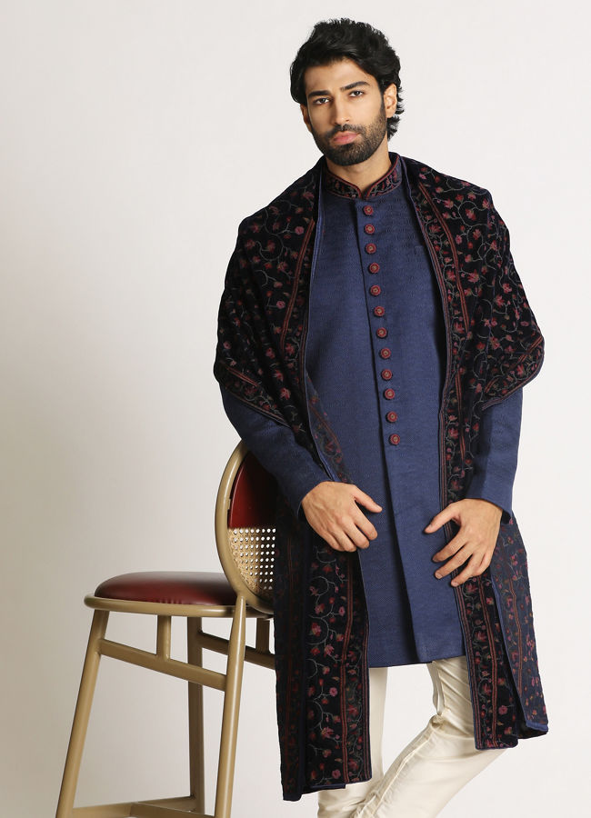 alt message - Manyavar Men Royal Blue Indo Western With Dupatta image number 1