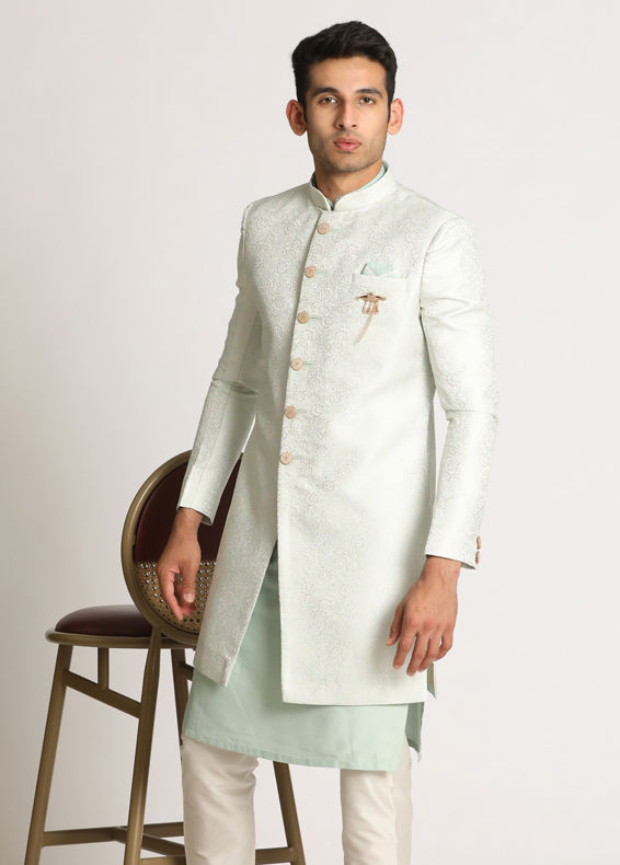 Manyavar Men Aqua Green Self Design Indo Western
