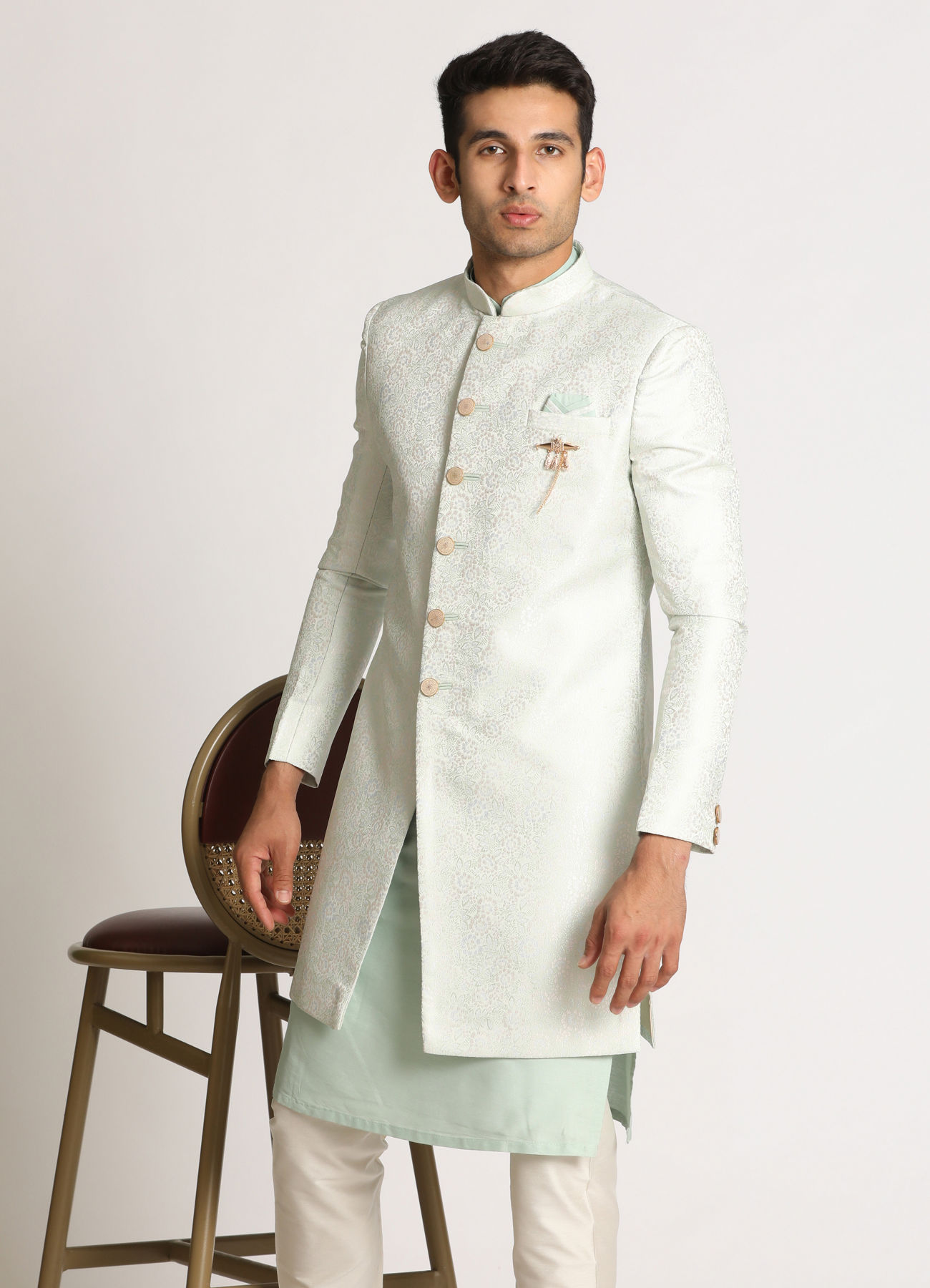 Manyavar Men Aqua Green Self Design Indo Western