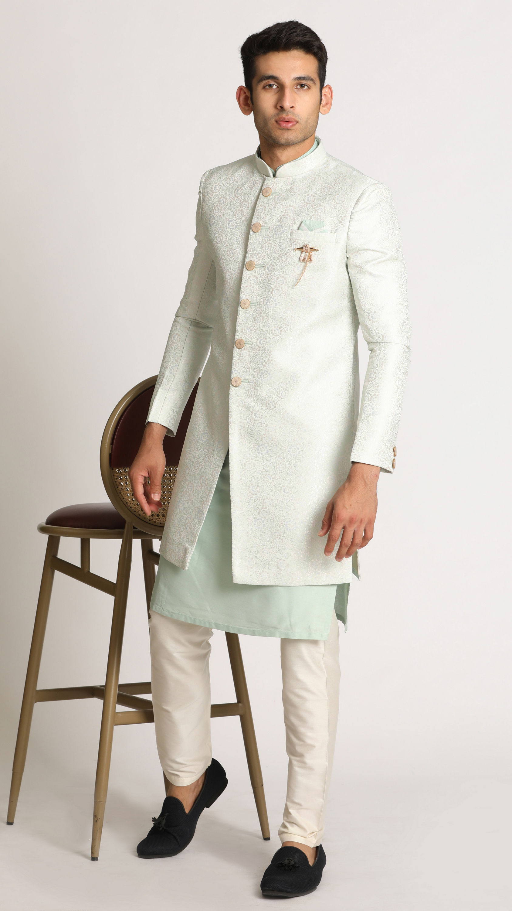 Manyavar Men Aqua Green Self Design Indo Western