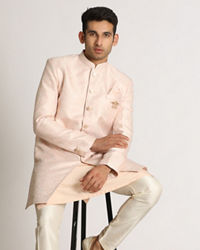 Manyavar Men Pastel Pink Self Design Indo Western