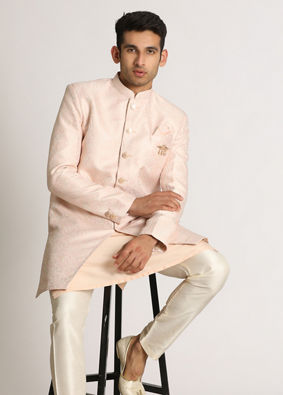 alt message - Manyavar Men Pastel Pink Self Design Indo Western image number 1