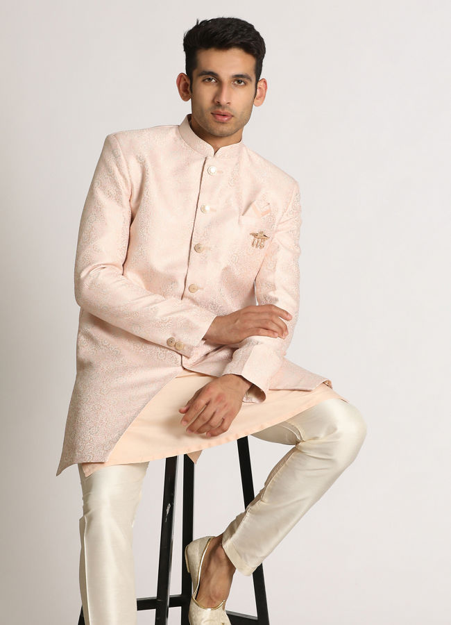 Manyavar Men Pastel Pink Self Design Indo Western