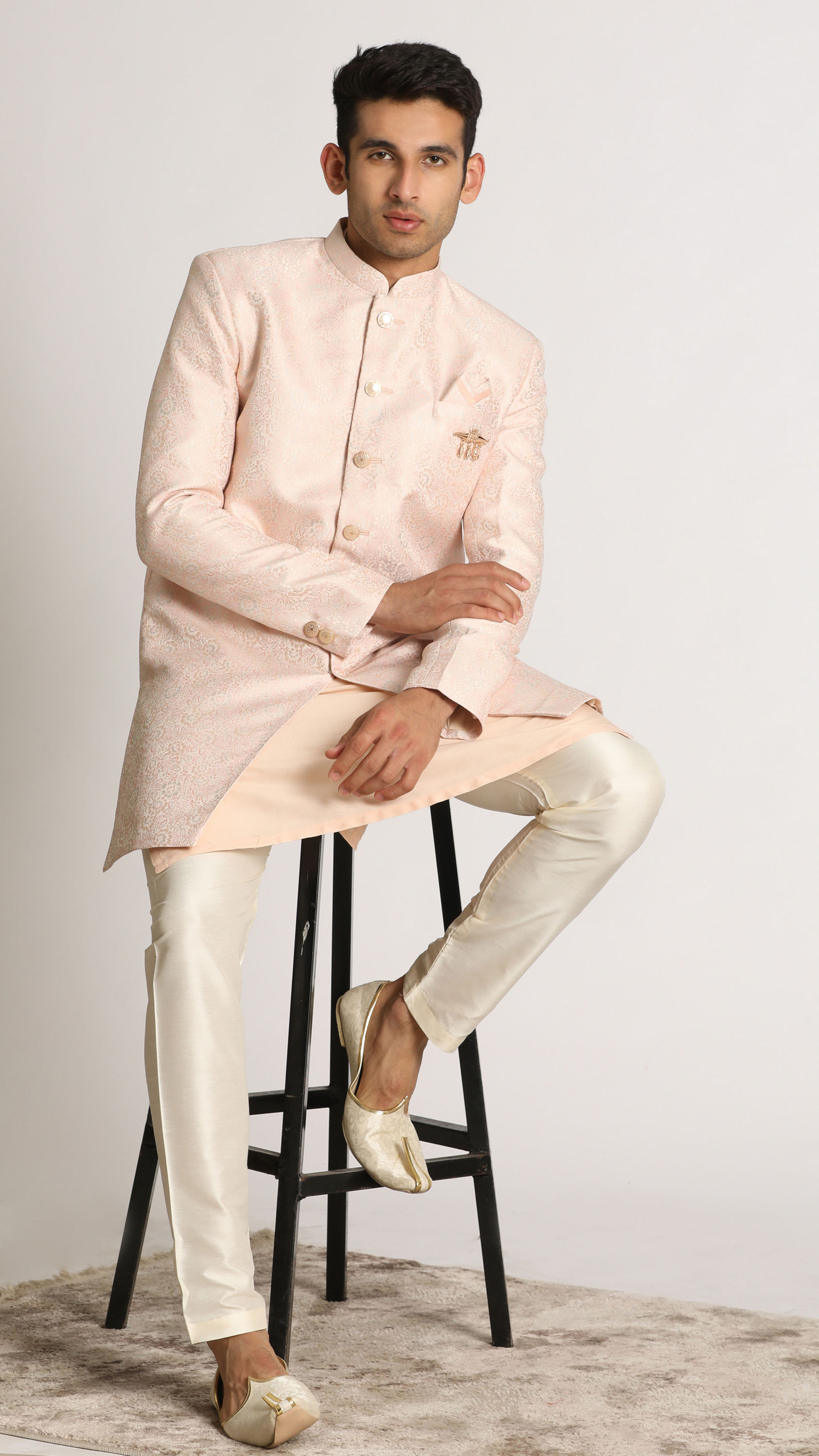 Manyavar Men Pastel Pink Self Design Indo Western