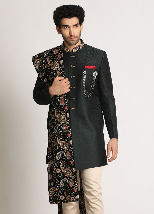 alt message - Manyavar Men Dark Green Indo Western With Dupatta image number 1