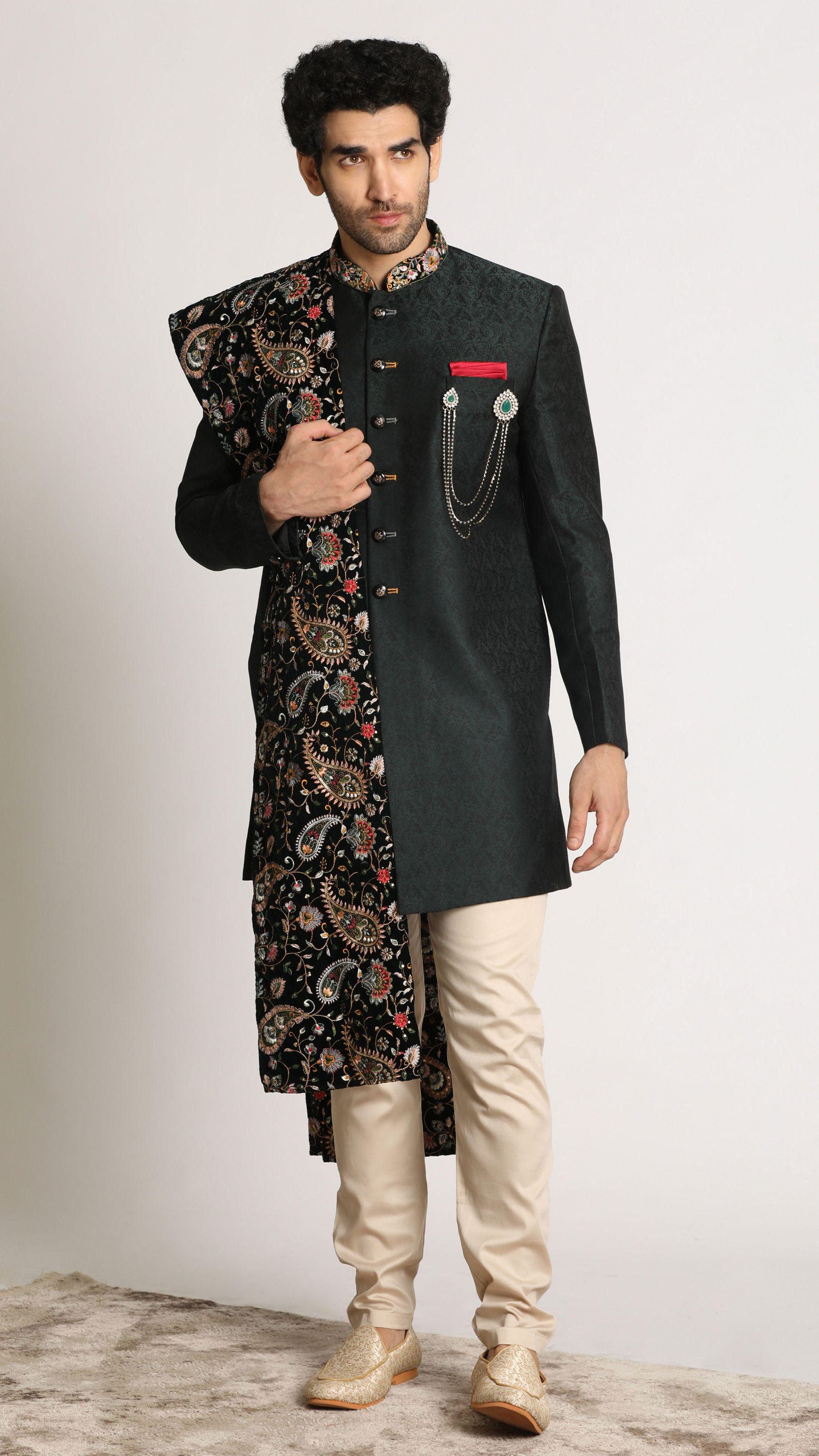 Manyavar Men Dark Green Indo Western With Dupatta