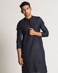 Manyavar Men Navy Blue Self Design Kurta Set