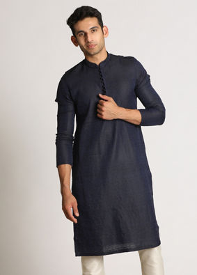 Manyavar Men Navy Blue Self Design Kurta Set