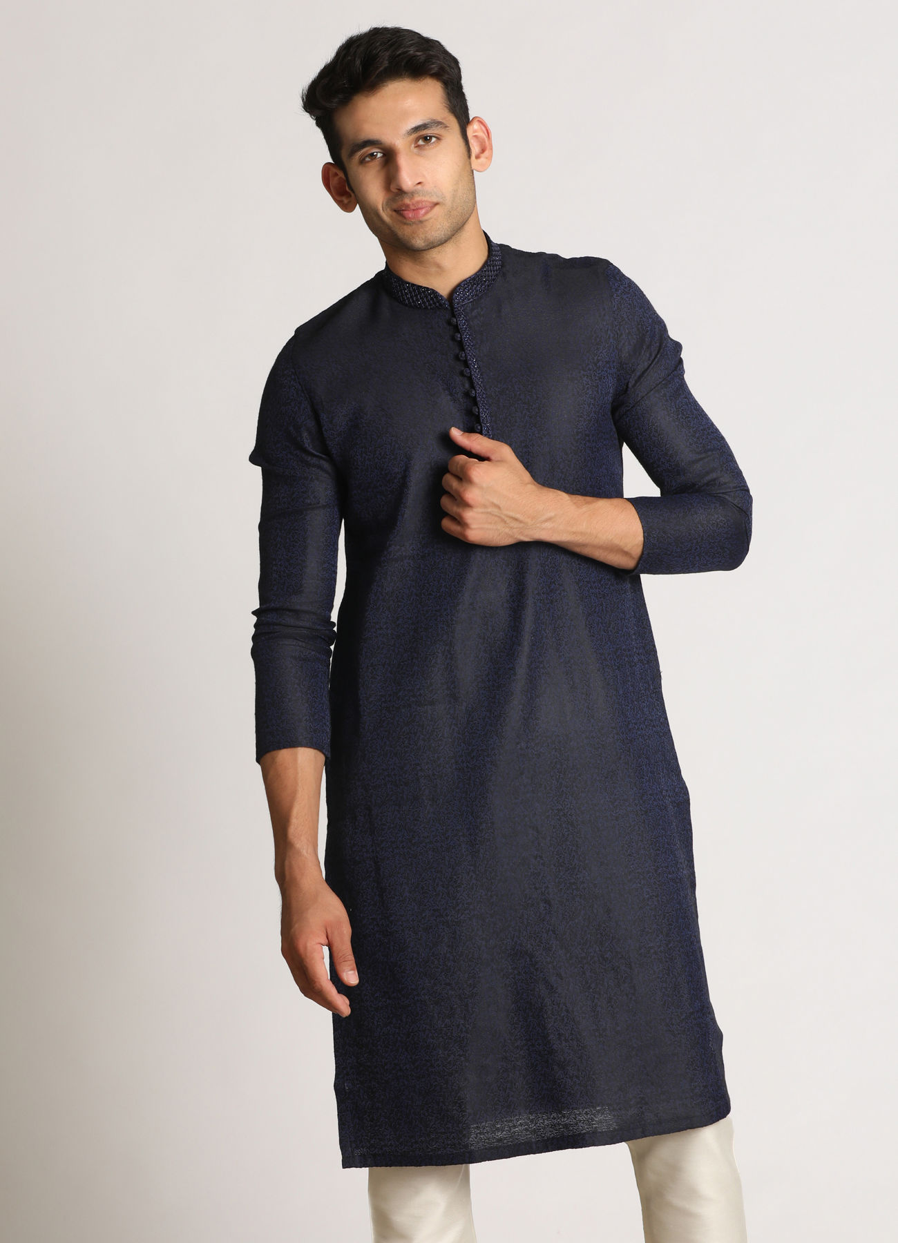 Manyavar Men Navy Blue Self Design Kurta Set