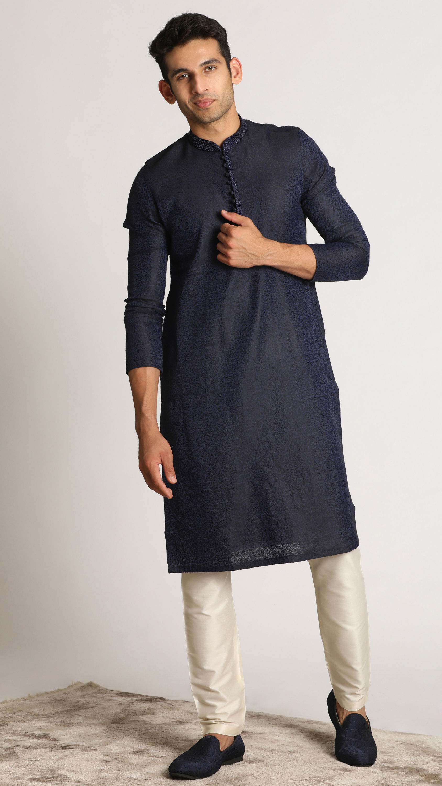 Manyavar Men Navy Blue Self Design Kurta Set