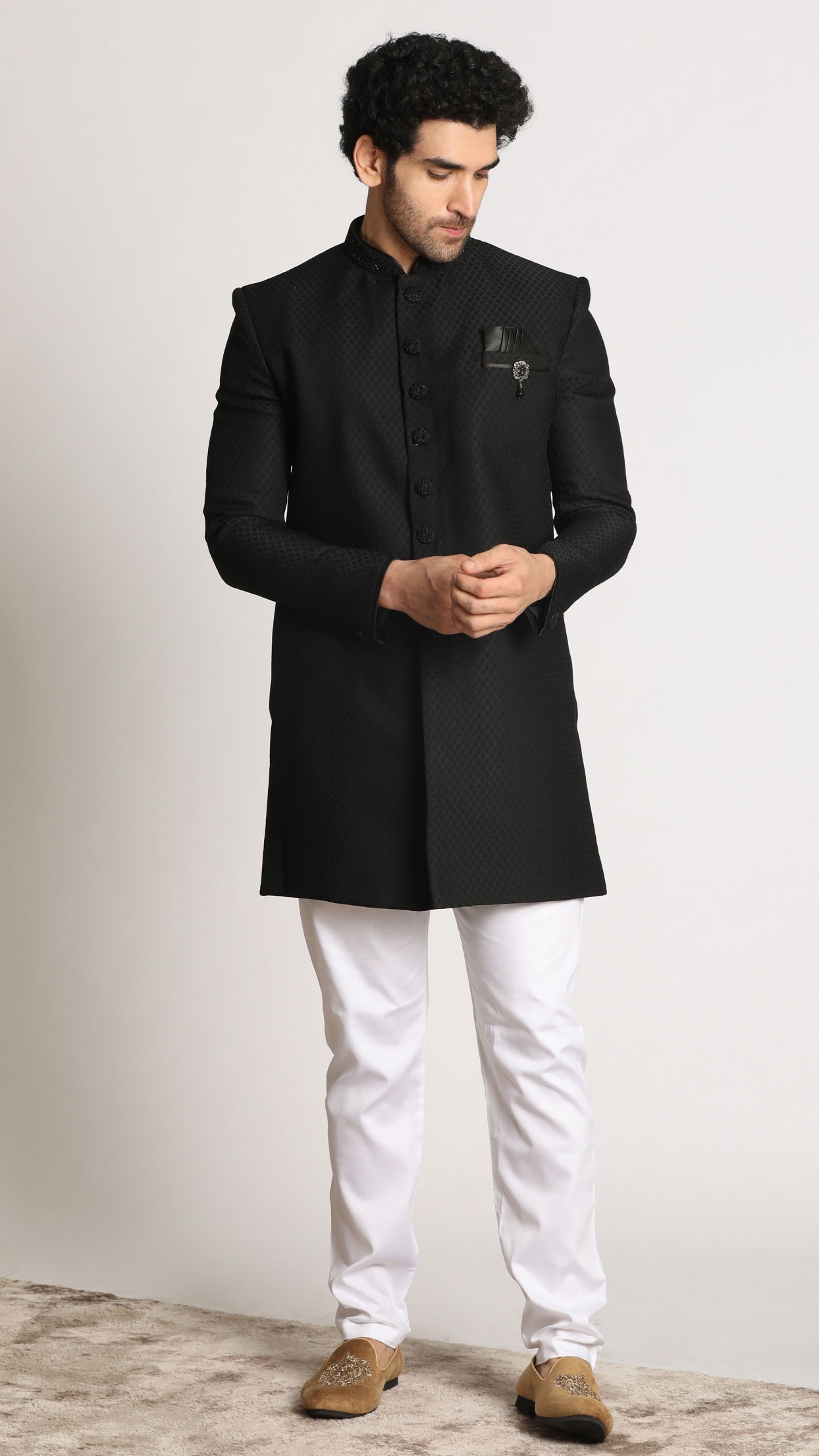 alt message - Manyavar Men Charcoal Black Indo Western image number 1