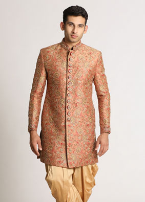 Manyavar Men Rust Pink Embroidered Indo Western