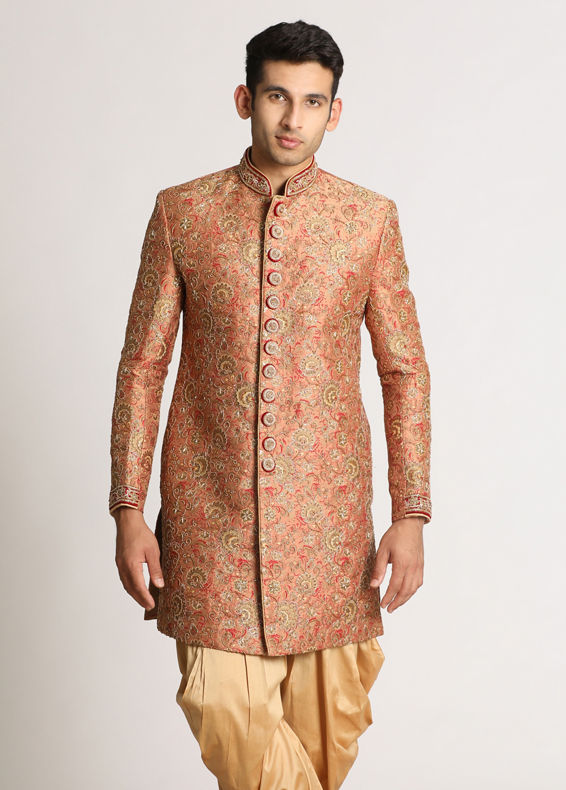 Manyavar Men Rust Pink Embroidered Indo Western