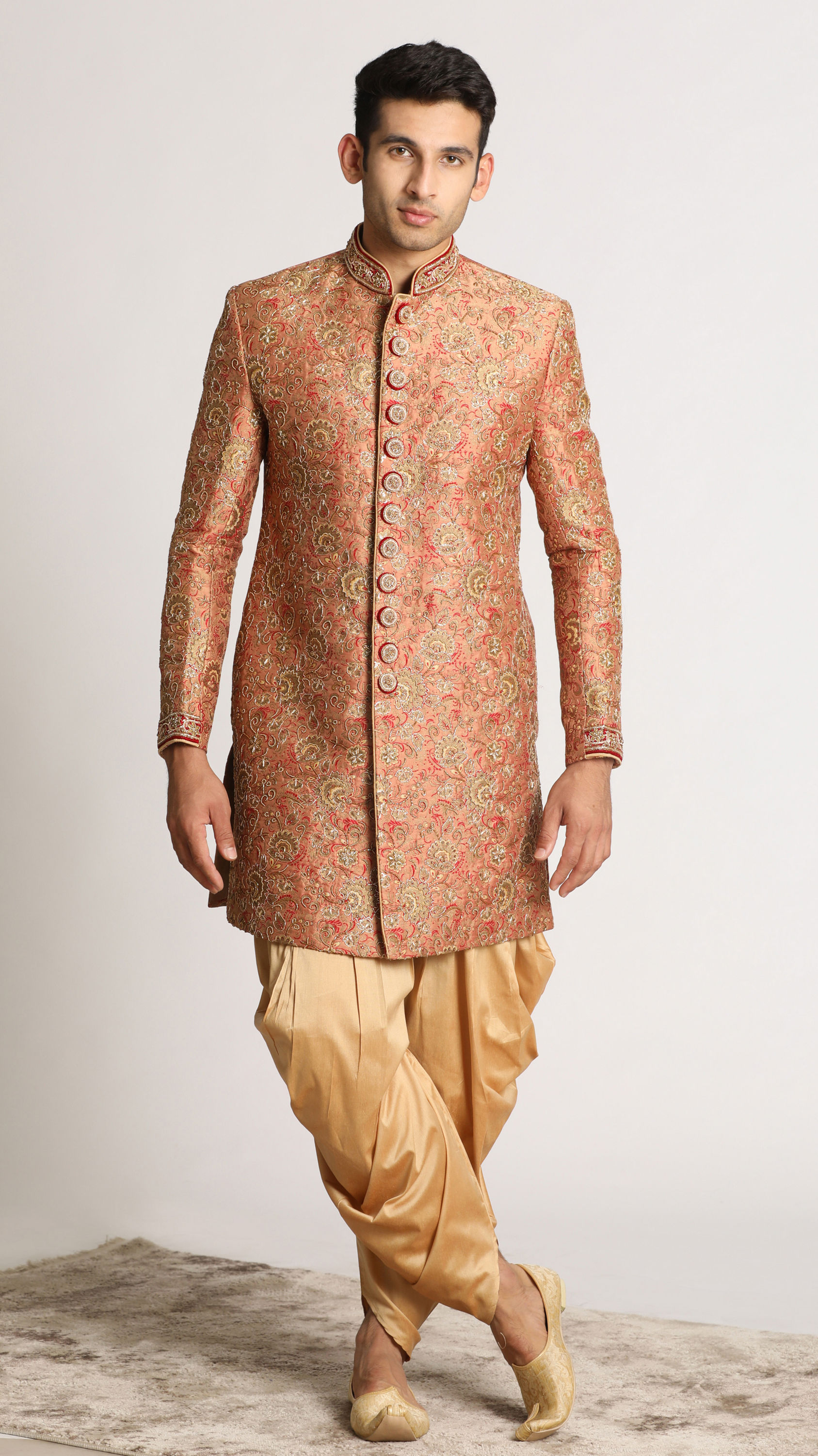 Manyavar Men Rust Pink Embroidered Indo Western