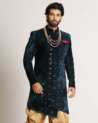 Manyavar Men Teal Green Velvet Indo Western