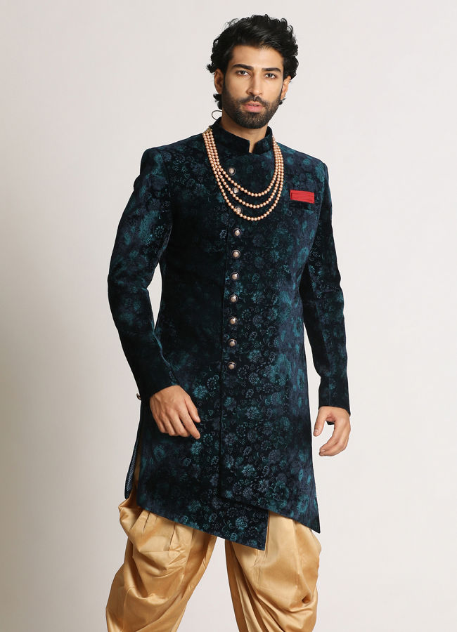 alt message - Manyavar Men Teal Green Velvet Indo Western image number 1