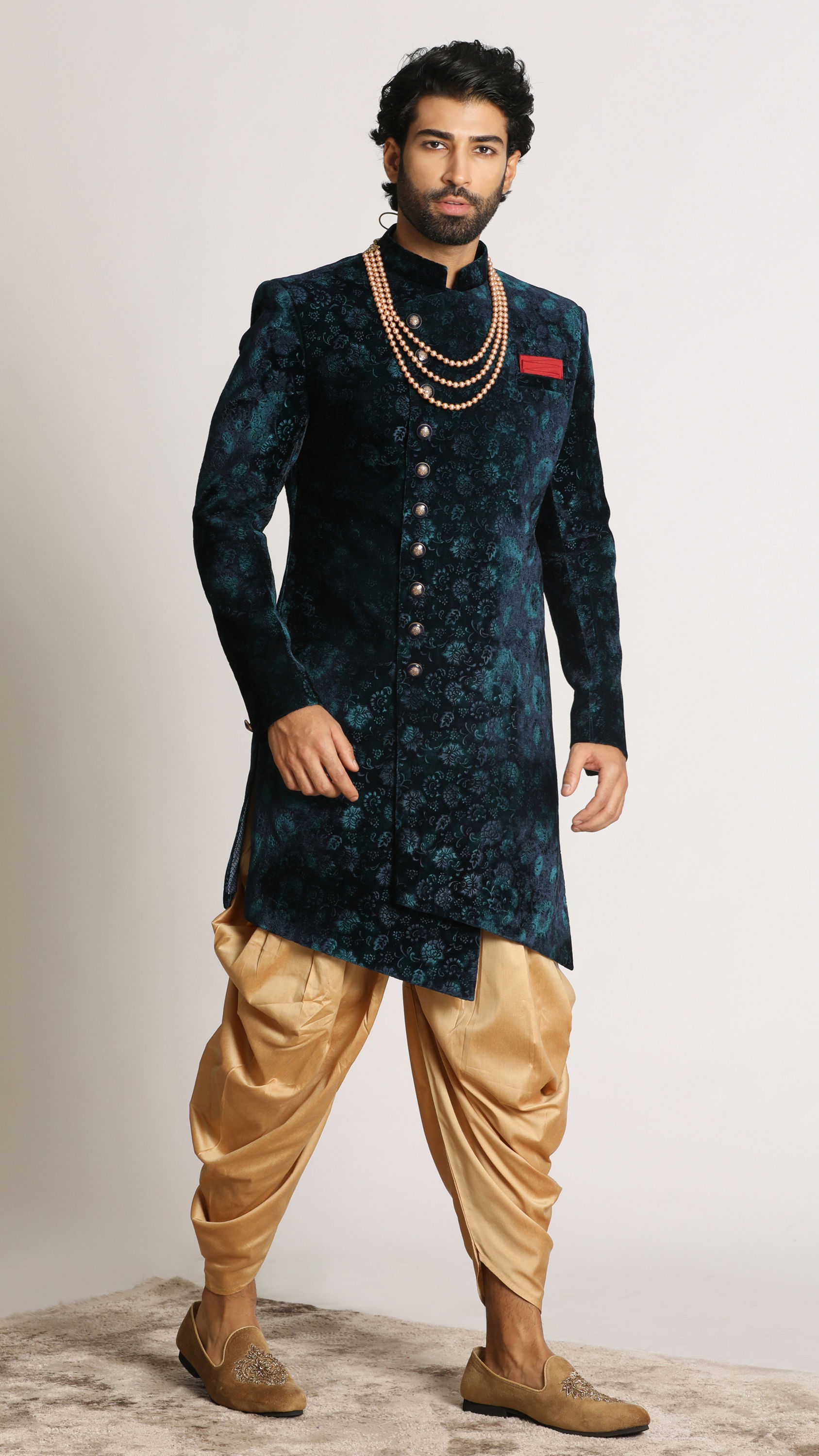 Manyavar Men Teal Green Velvet Indo Western