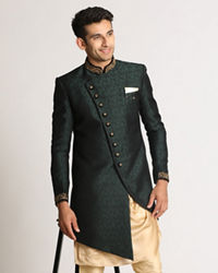 Manyavar Men Bottle Green Paisley Indo Western