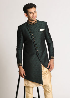 Manyavar Men Bottle Green Paisley Indo Western image number 1