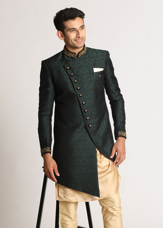 Manyavar Men Bottle Green Paisley Indo Western