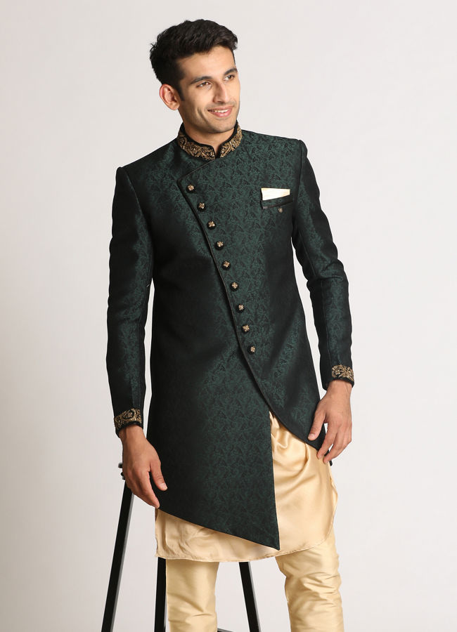 alt message - Manyavar Men Bottle Green Paisley Indo Western image number 1