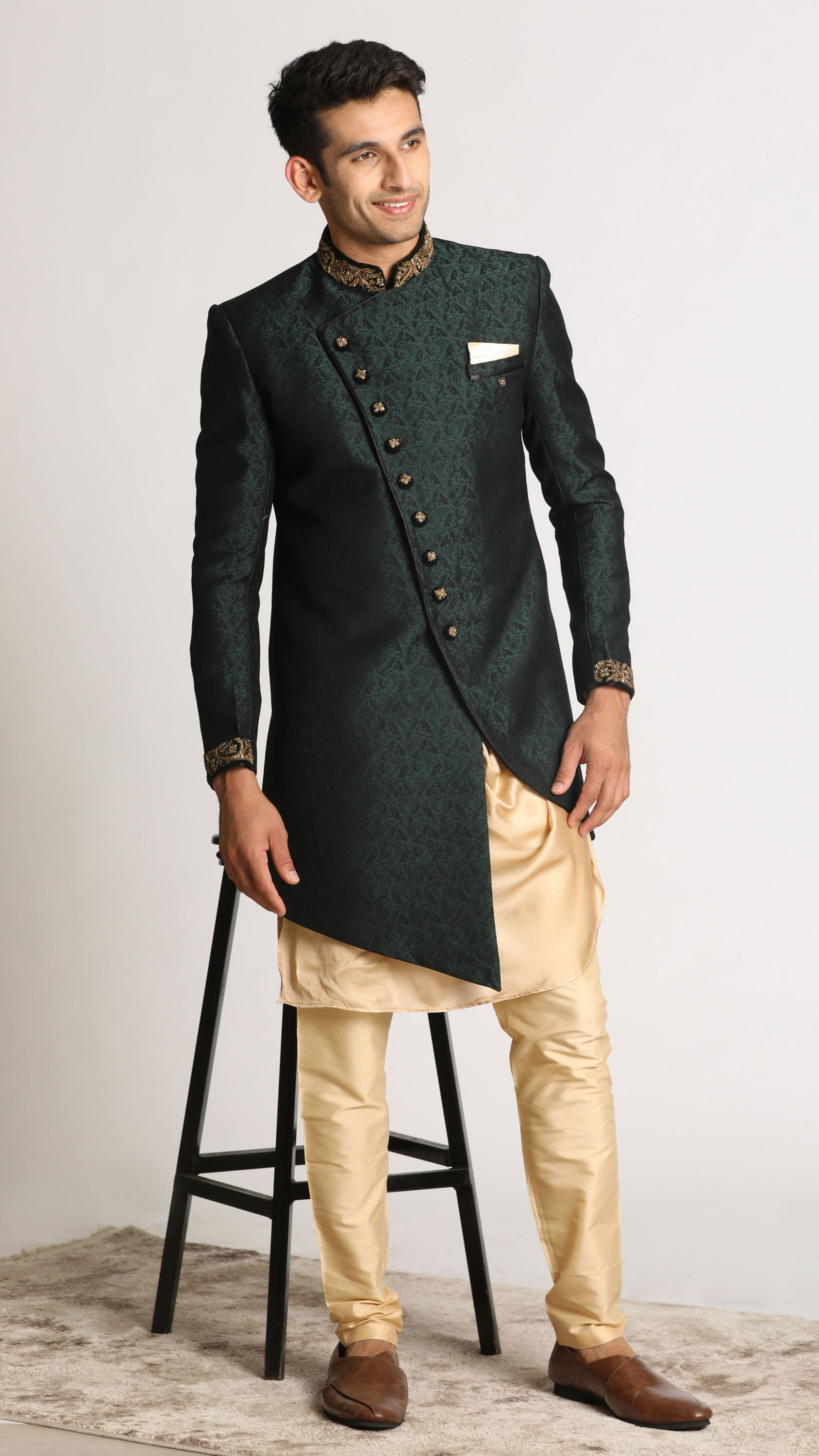 Manyavar Men Bottle Green Paisley Indo Western