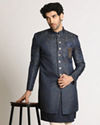 alt message - Manyavar Men Blue Paisley Print Indo Western image number 1