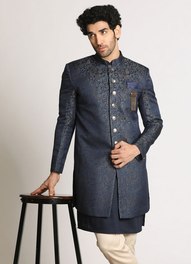 alt message - Manyavar Men Blue Paisley Print Indo Western image number 1