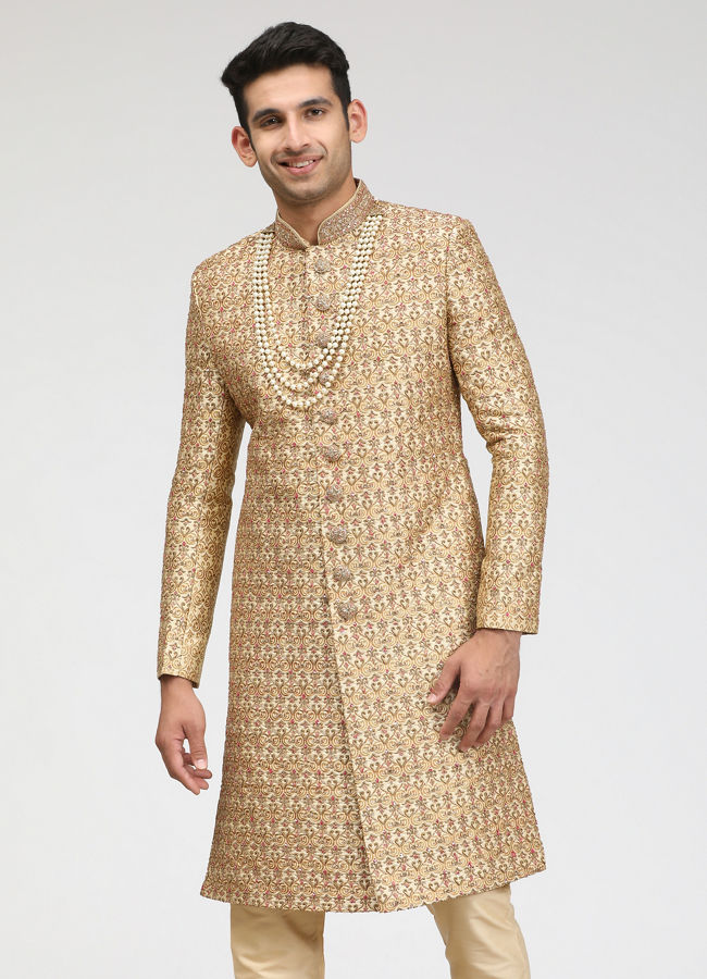 alt message - Manyavar Men Fawn Sherwani With Heavy Embroidery Work image number 1