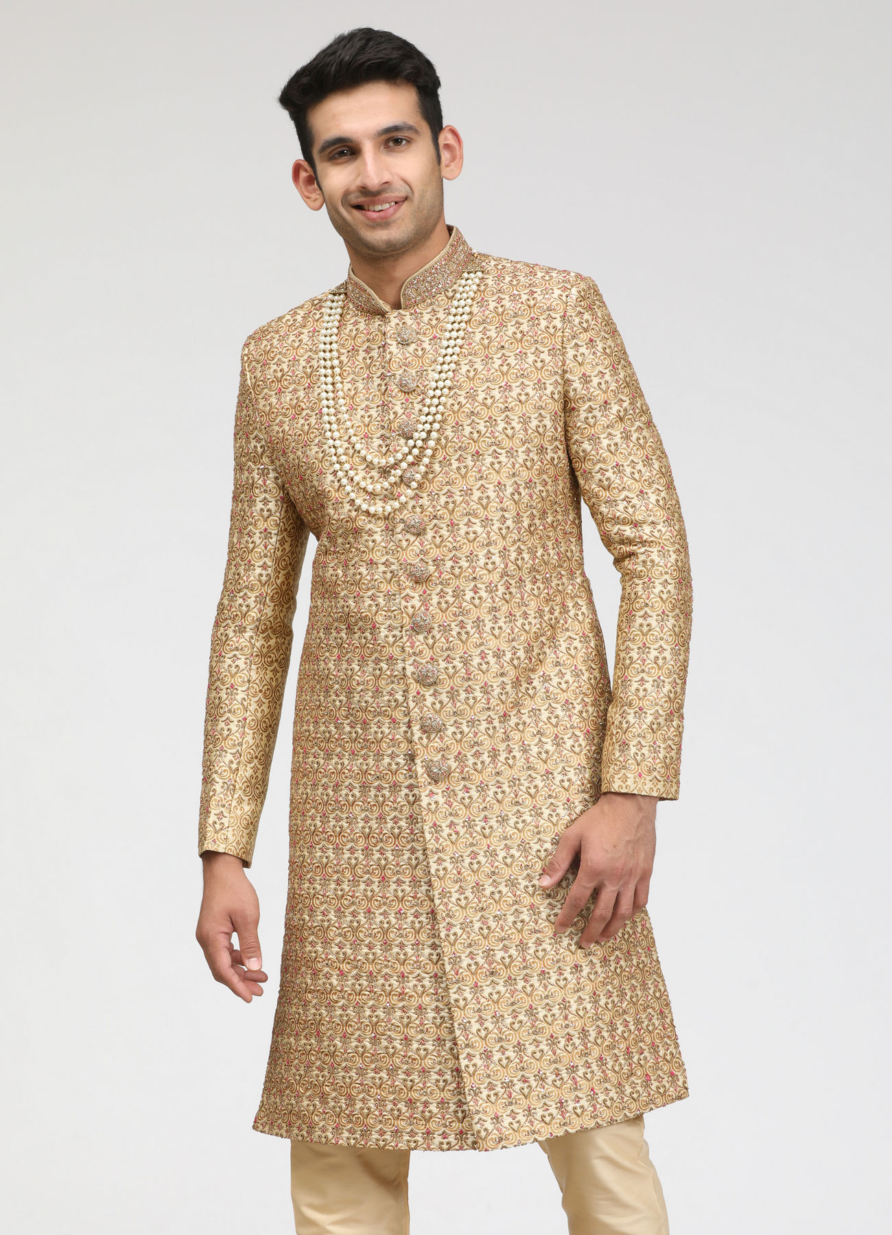 Manyavar Men Fawn Sherwani With Heavy Embroidery Work