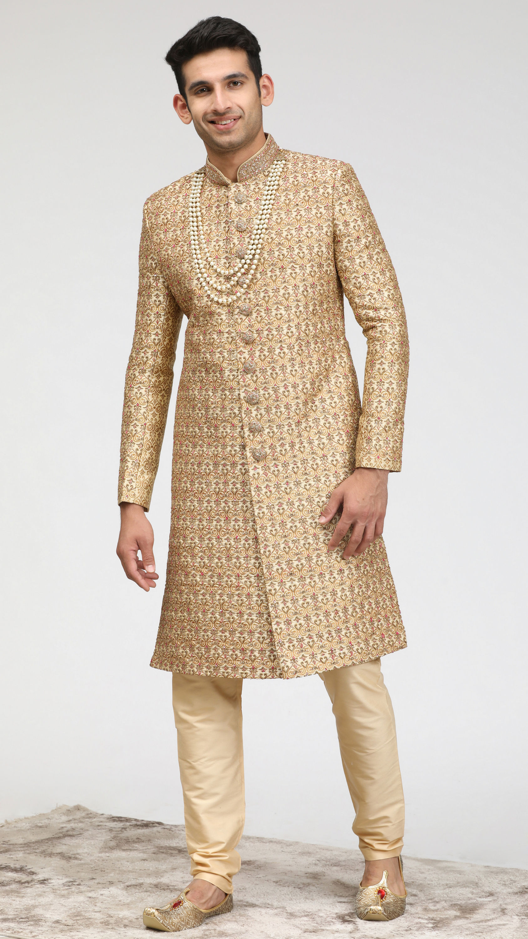 Manyavar Men Fawn Sherwani With Heavy Embroidery Work