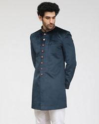 Manyavar Men Electric Blue Velvet Indo Western