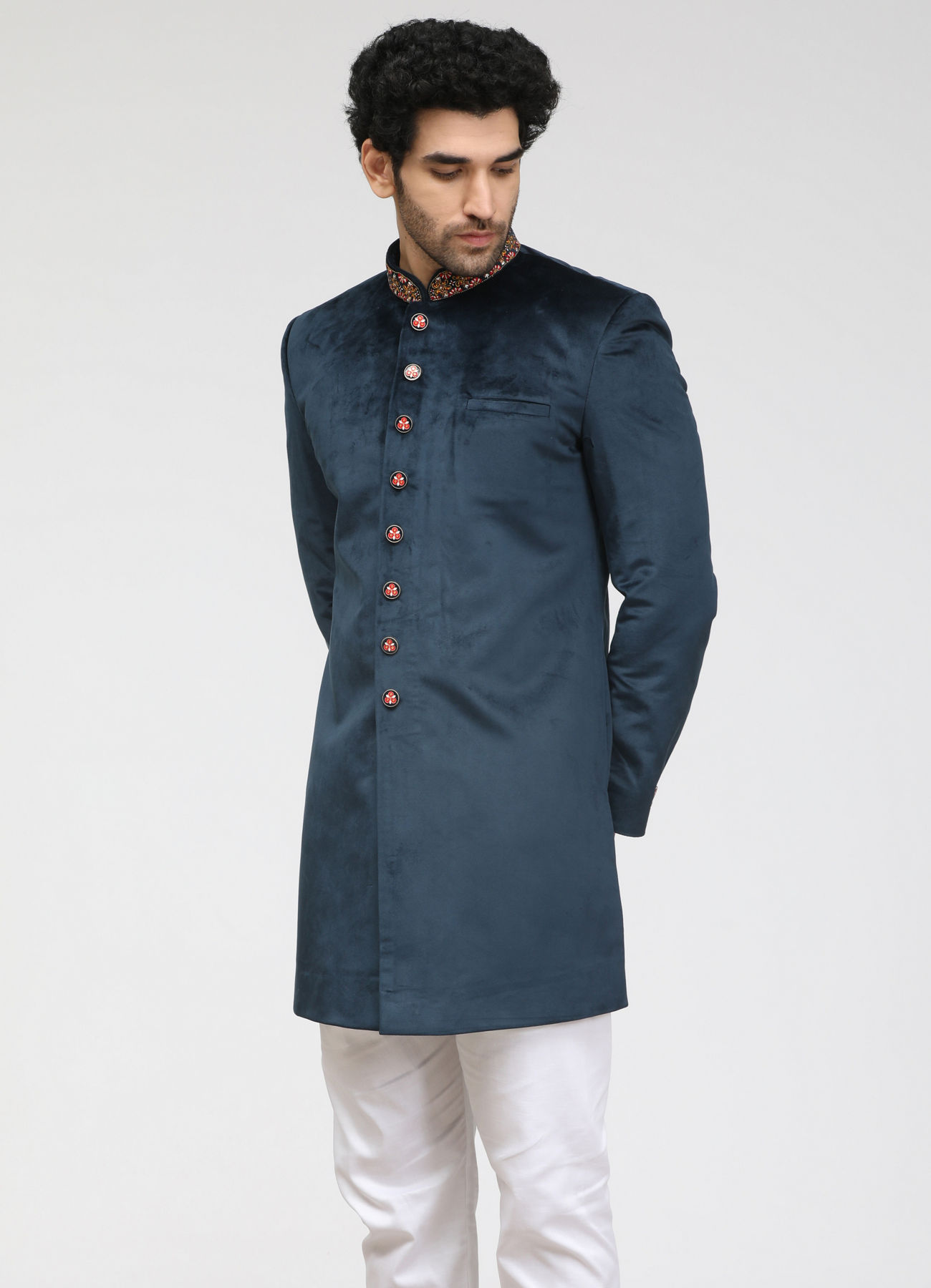 Manyavar Men Electric Blue Velvet Indo Western