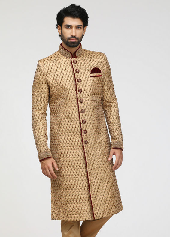 Manyavar Men Elegant Fawn Celebration Wear Sherwani