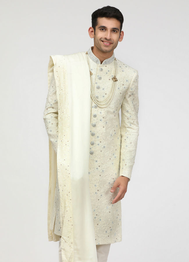 alt message - Manyavar Men Pearl White Embroidered Sherwani With Dupatta image number 1