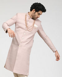 Manyavar Men Salmon Pink Self Design Sherwani