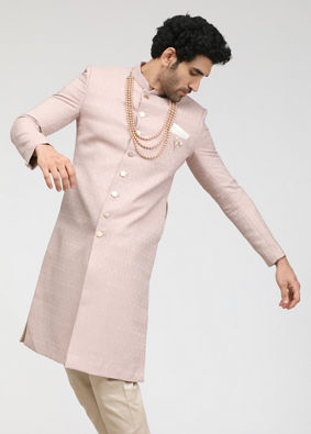 alt message - Manyavar Men Salmon Pink Self Design Sherwani image number 1