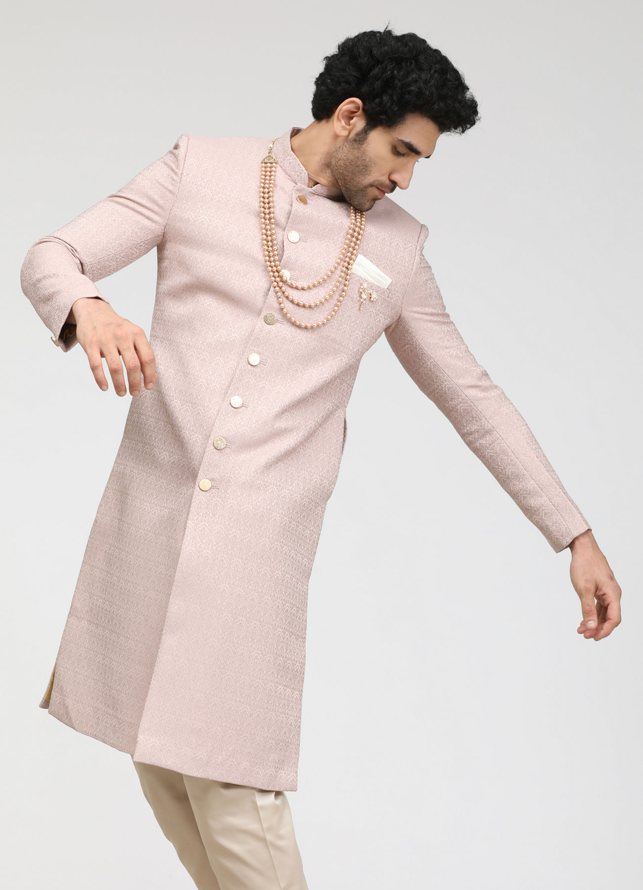 Manyavar Men Salmon Pink Self Design Sherwani