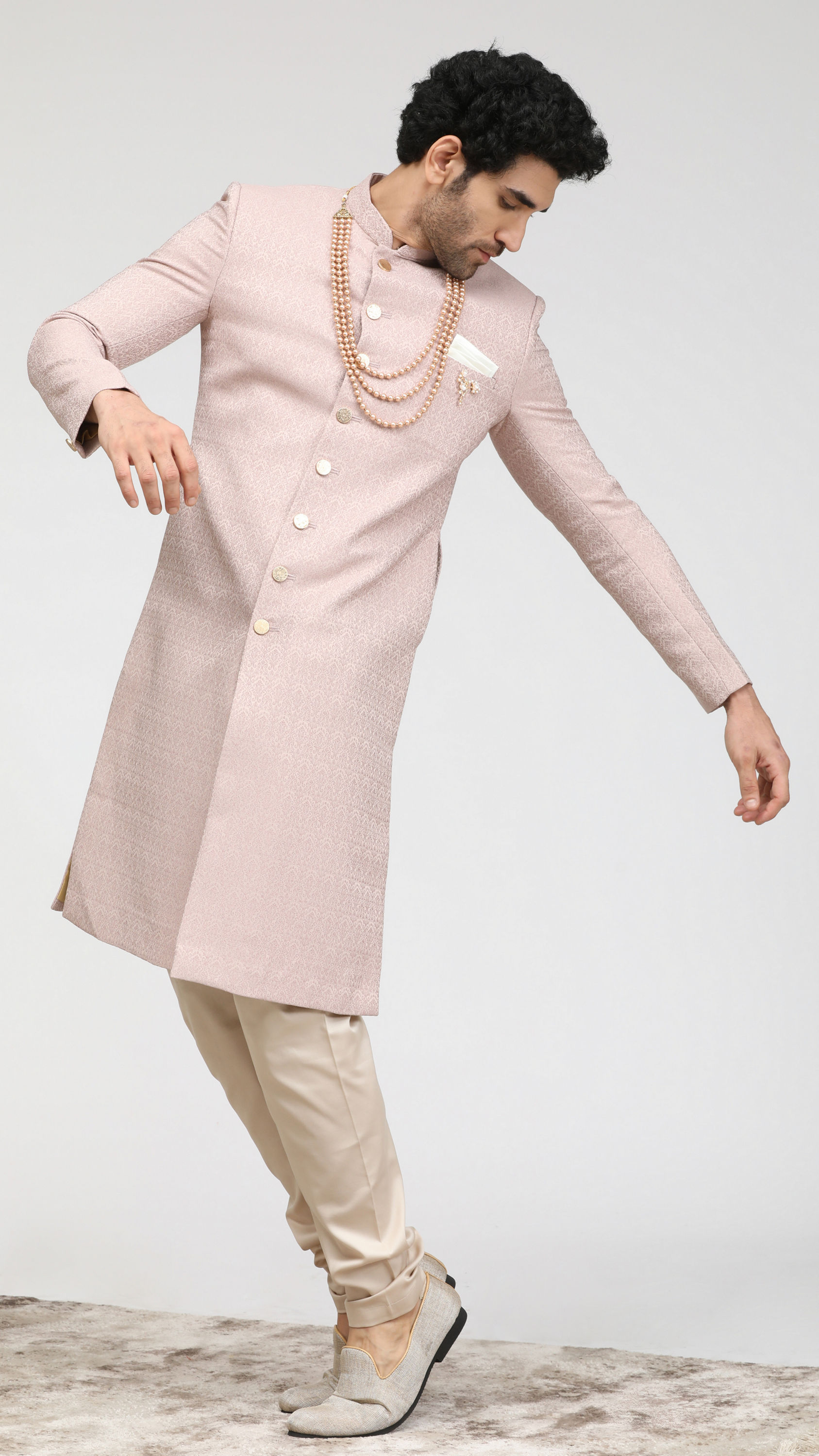 Manyavar Men Salmon Pink Self Design Sherwani