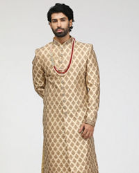 Manyavar Men Embellished Fawn Patterned Sherwani